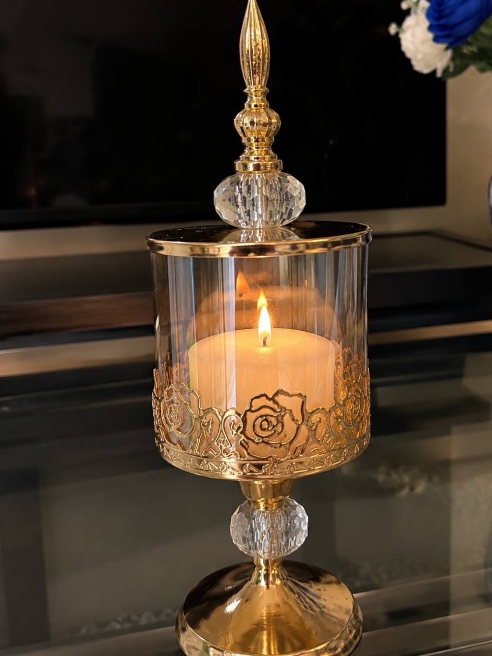 Elegant Gold Glass Candle Holder with Crystal Accents - Gold